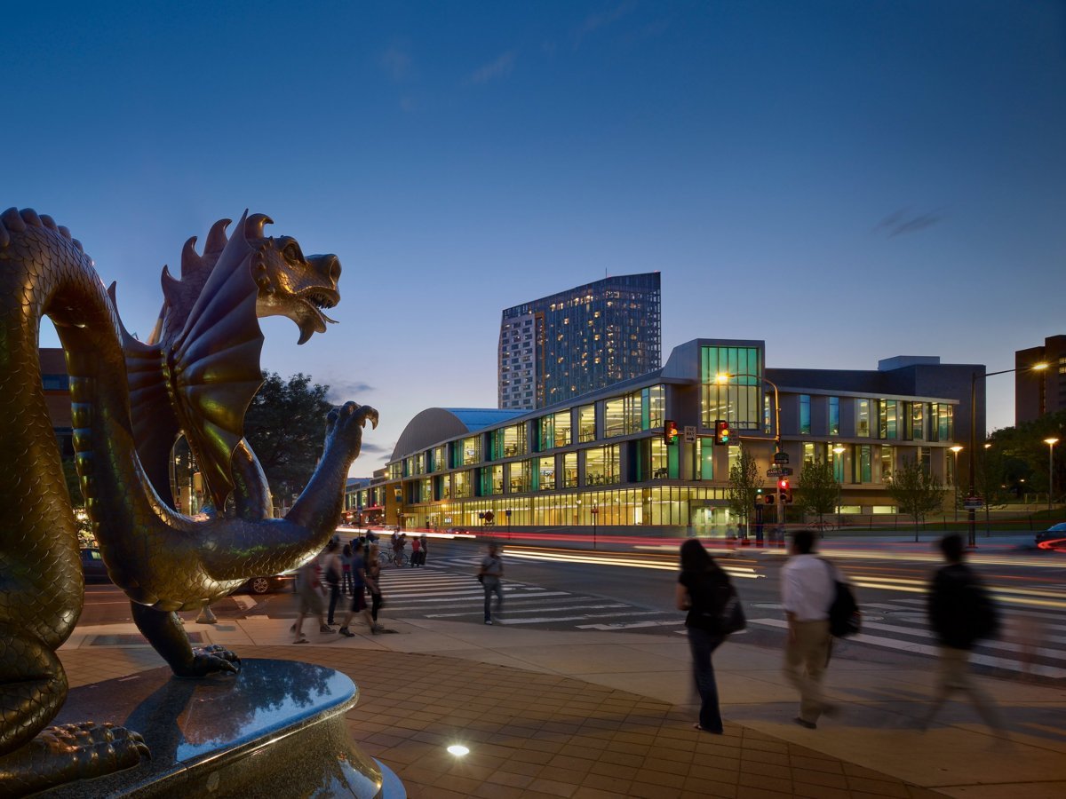 Drexel Towers exterior and the Dragon statue